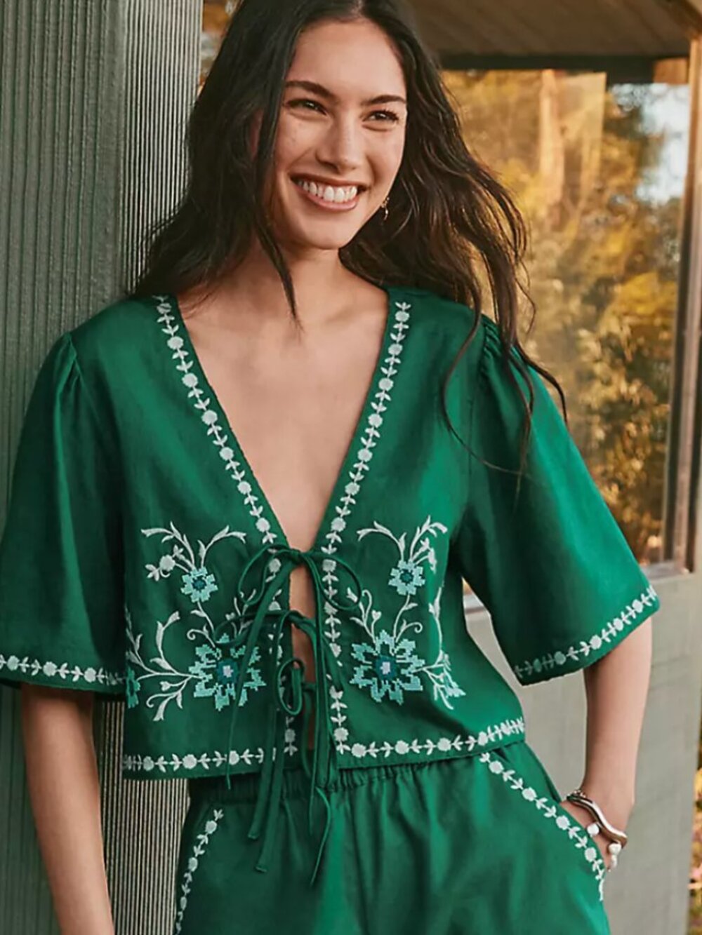 LOFT Floral Linen Cotton Bow Blouse - Embroidered tie-front - sold out NWT